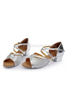 Women's Kids' Silver Sparkling Glitter Sandals Flats Latin Dance Shoes Chunky Heels Dance Shoes D601003