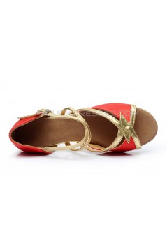 Women's Kids' Red Satin Sandals Flats Latin Dance Shoes Chunky Heels Dance Shoes D601004