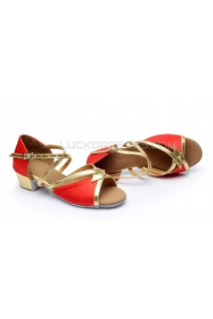 Women's Kids' Red Satin Sandals Flats Latin Dance Shoes Chunky Heels Dance Shoes D601004