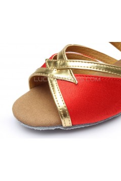 Women's Kids' Red Satin Sandals Flats Latin Dance Shoes Chunky Heels Dance Shoes D601004