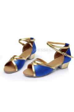 Women's Kids' Blue Satin Sandals Flats Latin Dance Shoes Chunky Heels Dance Shoes D601005