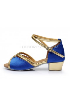 Women's Kids' Blue Satin Sandals Flats Latin Dance Shoes Chunky Heels Dance Shoes D601005