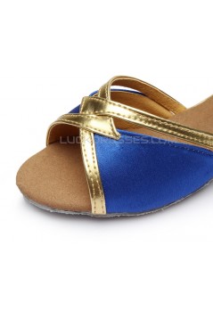 Women's Kids' Blue Satin Sandals Flats Latin Dance Shoes Chunky Heels Dance Shoes D601005