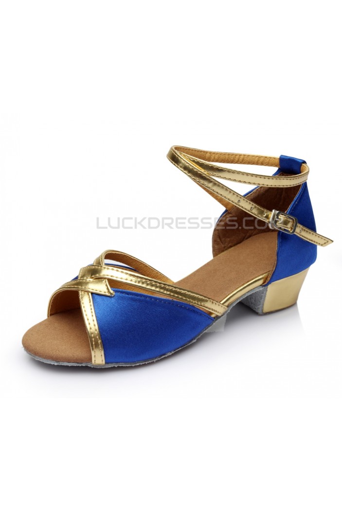 Women's Kids' Blue Satin Sandals Flats Latin Dance Shoes Chunky Heels Dance Shoes D601005