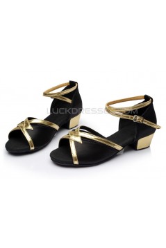 Women's Kids' Black Satin Sandals Flats Latin Dance Shoes Chunky Heels Dance Shoes D601006