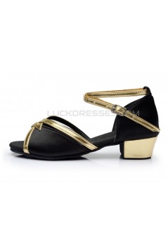 Women's Kids' Black Satin Sandals Flats Latin Dance Shoes Chunky Heels Dance Shoes D601006