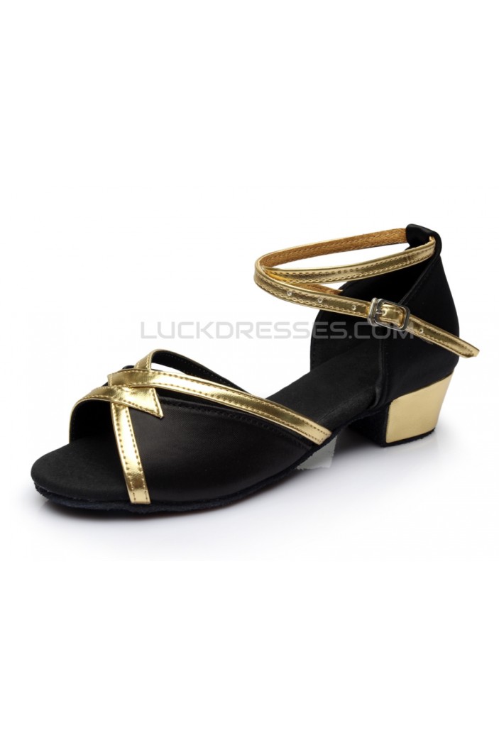 Women's Kids' Black Satin Sandals Flats Latin Dance Shoes Chunky Heels Dance Shoes D601006