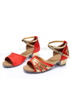 Women's Kids' Red Satin Gold Sparkling Glitter Flats Sandals Latin Dance Shoes Flower Girl Shoes D601007