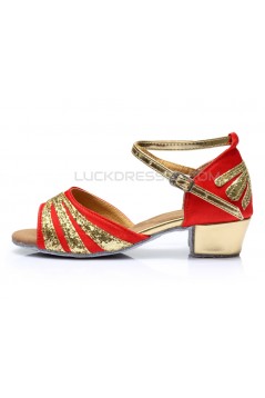 Women's Kids' Red Satin Gold Sparkling Glitter Flats Sandals Latin Dance Shoes Flower Girl Shoes D601007