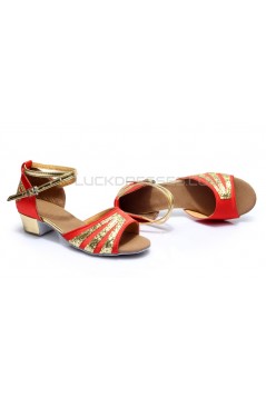Women's Kids' Red Satin Gold Sparkling Glitter Flats Sandals Latin Dance Shoes Flower Girl Shoes D601007