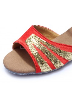 Women's Kids' Red Satin Gold Sparkling Glitter Flats Sandals Latin Dance Shoes Flower Girl Shoes D601007