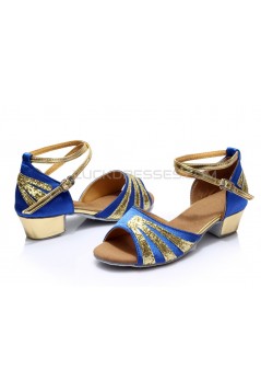 Women's Kids' Blue Satin Gold Sparkling Glitter Flats Sandals Latin Dance Shoes Flower Girl Shoes D601008