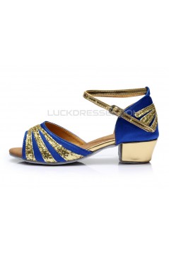 Women's Kids' Blue Satin Gold Sparkling Glitter Flats Sandals Latin Dance Shoes Flower Girl Shoes D601008