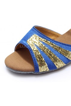 Women's Kids' Blue Satin Gold Sparkling Glitter Flats Sandals Latin Dance Shoes Flower Girl Shoes D601008