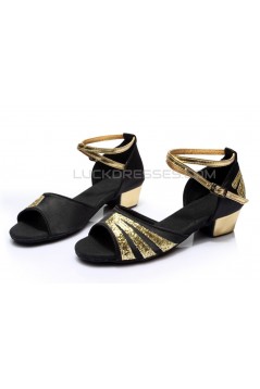 Women's Kids' Black Satin Gold Sparkling Glitter Flats Sandals Latin Dance Shoes Flower Girl Shoes D601009
