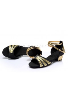 Women's Kids' Black Satin Gold Sparkling Glitter Flats Sandals Latin Dance Shoes Flower Girl Shoes D601009