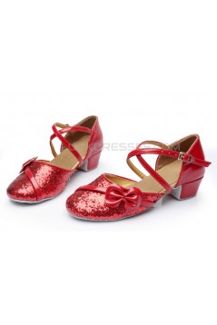 Women's Kids' Red Sparkling Glitter Flats Latin Dance Shoes Chunky Heels Modern Dance Shoes D601027