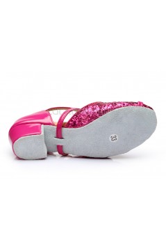 Women's Kids' Fuschia Sparkling Glitter Flats Latin Dance Shoes Chunky Heels Modern Dance Shoes D601028