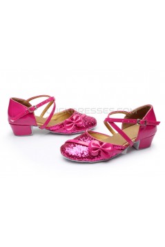 Women's Kids' Fuschia Sparkling Glitter Flats Latin Dance Shoes Chunky Heels Modern Dance Shoes D601028