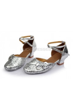 Women's Kids' Silver Sparkling Glitter Flats Latin Modern Dance Shoes Chunky Heels Wedding Party Shoes D601029