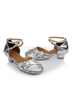 Women's Kids' Silver Sparkling Glitter Flats Latin Modern Dance Shoes Chunky Heels Wedding Party Shoes D601029