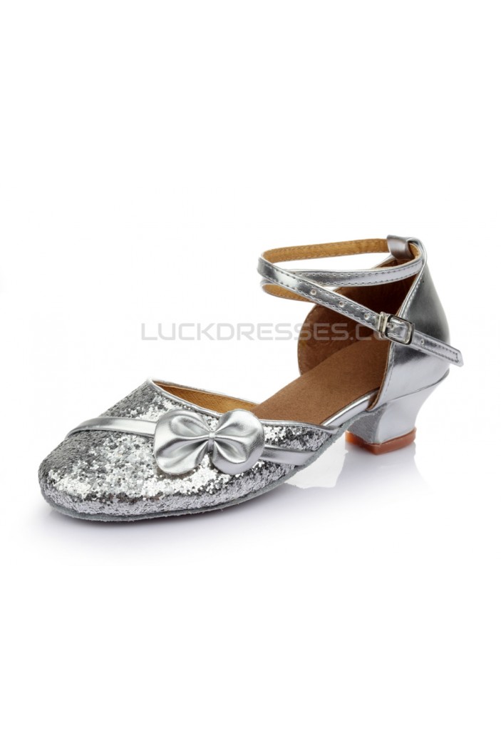 Women's Kids' Silver Sparkling Glitter Flats Latin Modern Dance Shoes Chunky Heels Wedding Party Shoes D601029