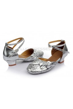 Women's Kids' Silver Sparkling Glitter Flats Latin Modern Dance Shoes Chunky Heels Wedding Party Shoes D601029