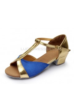 Women's Kids' Blue Satin Flats Latin Salsa T-Strap Dance Shoes Chunky Heels Dance Shoes D601033