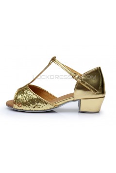 Women's Kids' Gold Sparkling Glitter Flats Latin Salsa T-Strap Dance Shoes Chunky Heels Wedding Party Shoes D601035