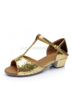 Women's Kids' Gold Sparkling Glitter Flats Latin Salsa T-Strap Dance Shoes Chunky Heels Wedding Party Shoes D601035