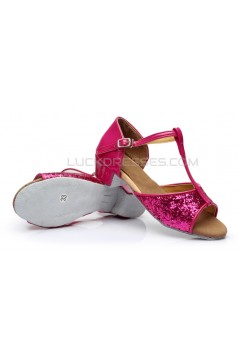 Women's Kids' Fuschia Sparkling Glitter Flats Latin Salsa T-Strap Dance Shoes Chunky Heels Wedding Party Shoes D601036