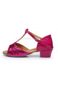 Women's Kids' Fuschia Sparkling Glitter Flats Latin Salsa T-Strap Dance Shoes Chunky Heels Wedding Party Shoes D601036