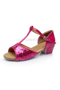 Women's Kids' Fuschia Sparkling Glitter Flats Latin Salsa T-Strap Dance Shoes Chunky Heels Wedding Party Shoes D601036