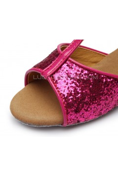 Women's Kids' Fuschia Sparkling Glitter Flats Latin Salsa T-Strap Dance Shoes Chunky Heels Wedding Party Shoes D601036
