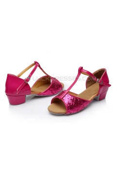 Women's Kids' Fuschia Sparkling Glitter Flats Latin Salsa T-Strap Dance Shoes Chunky Heels Wedding Party Shoes D601036