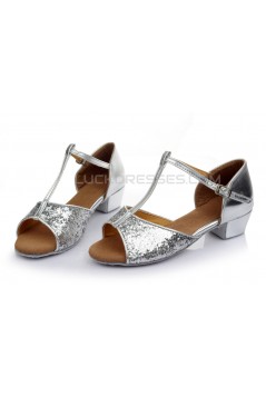 Women's Kids' Silver Sparkling Glitter Flats Latin Salsa T-Strap Dance Shoes Chunky Heels Wedding Party Shoes D601038