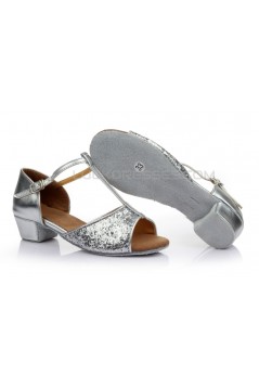 Women's Kids' Silver Sparkling Glitter Flats Latin Salsa T-Strap Dance Shoes Chunky Heels Wedding Party Shoes D601038