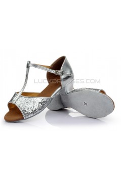 Women's Kids' Silver Sparkling Glitter Flats Latin Salsa T-Strap Dance Shoes Chunky Heels Wedding Party Shoes D601038