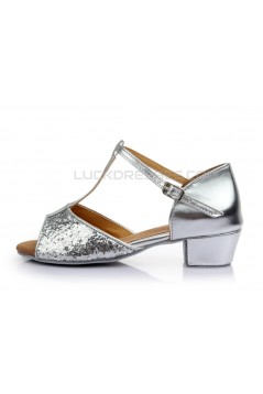 Women's Kids' Silver Sparkling Glitter Flats Latin Salsa T-Strap Dance Shoes Chunky Heels Wedding Party Shoes D601038