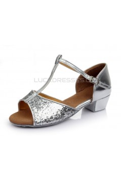 Women's Kids' Silver Sparkling Glitter Flats Latin Salsa T-Strap Dance Shoes Chunky Heels Wedding Party Shoes D601038