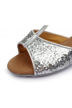 Women's Kids' Silver Sparkling Glitter Flats Latin Salsa T-Strap Dance Shoes Chunky Heels Wedding Party Shoes D601038