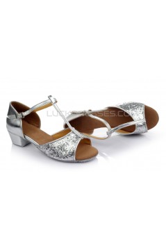 Women's Kids' Silver Sparkling Glitter Flats Latin Salsa T-Strap Dance Shoes Chunky Heels Wedding Party Shoes D601038