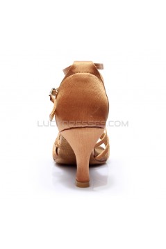 Women's Brown Satin Heels Sandals Latin Salsa With Ankle Strap Dance Shoes D602002