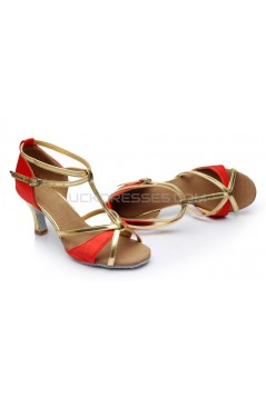Women's Red Leatherette Satin Heels Sandals Latin Salsa With T-Strap Buckle Dance Shoes D602005