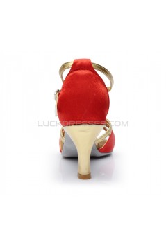 Women's Red Leatherette Satin Heels Sandals Latin Salsa With T-Strap Buckle Dance Shoes D602005