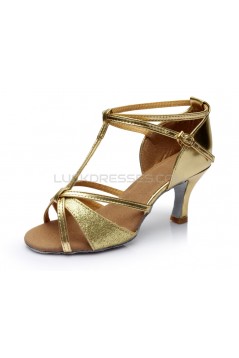 Women's Gold Leatherette Satin Heels Sandals Latin Salsa With T-Strap Buckle Dance Shoes D602006