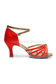 Women's Red Gold Satin Heels Sandals Latin Salsa With Ankle Strap Dance Shoes D602008
