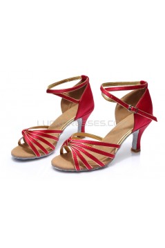 Women's Fuschia Gold Satin Heels Sandals Latin Salsa With Ankle Strap Dance Shoes D602009