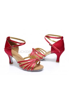 Women's Fuschia Gold Satin Heels Sandals Latin Salsa With Ankle Strap Dance Shoes D602009