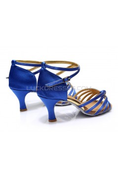 Women's Blue Gold Satin Heels Sandals Latin Salsa With Ankle Strap Dance Shoes D602010